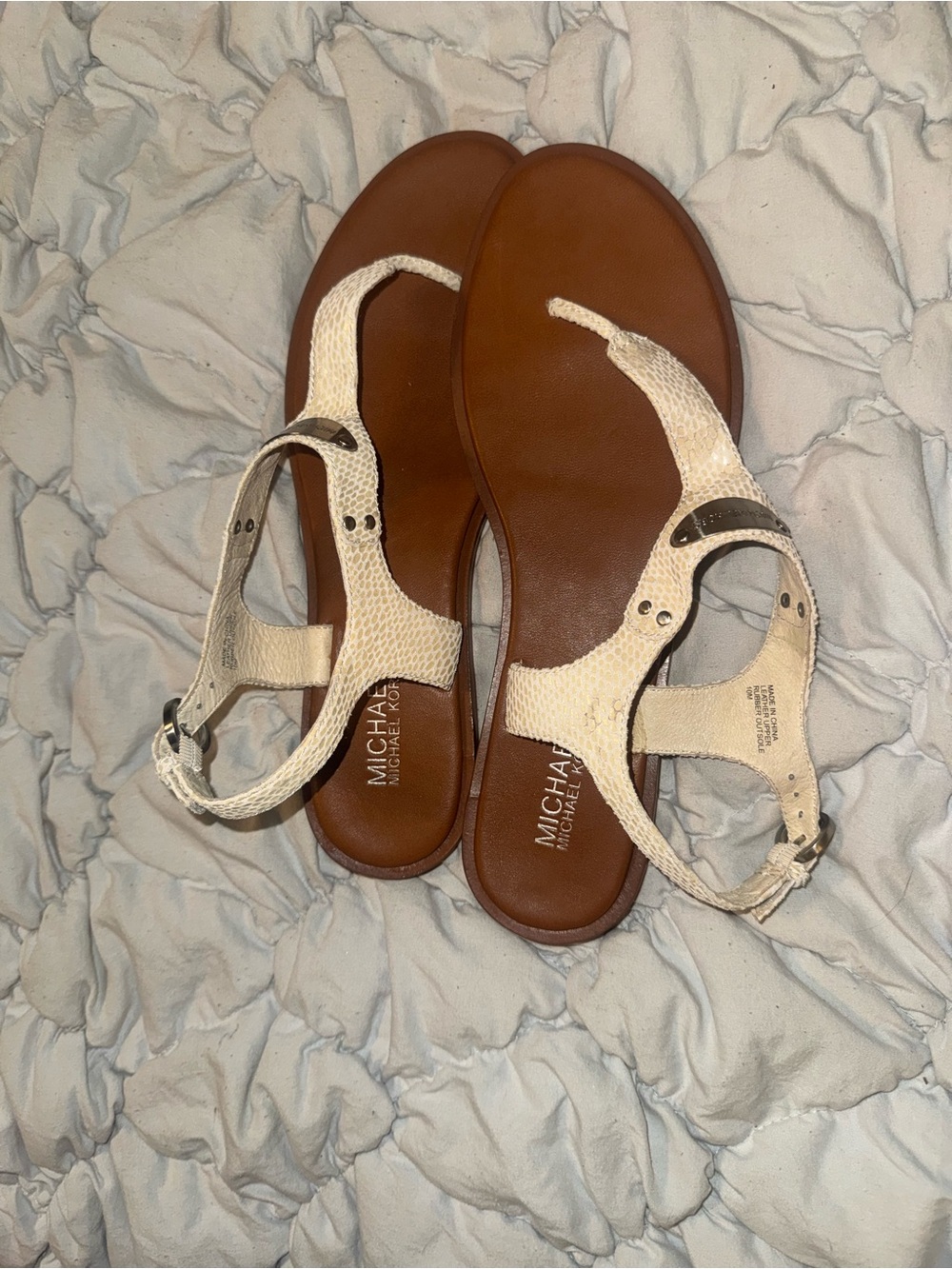 Michael Kors Brown Footbed White Textured T-Strap Sandals